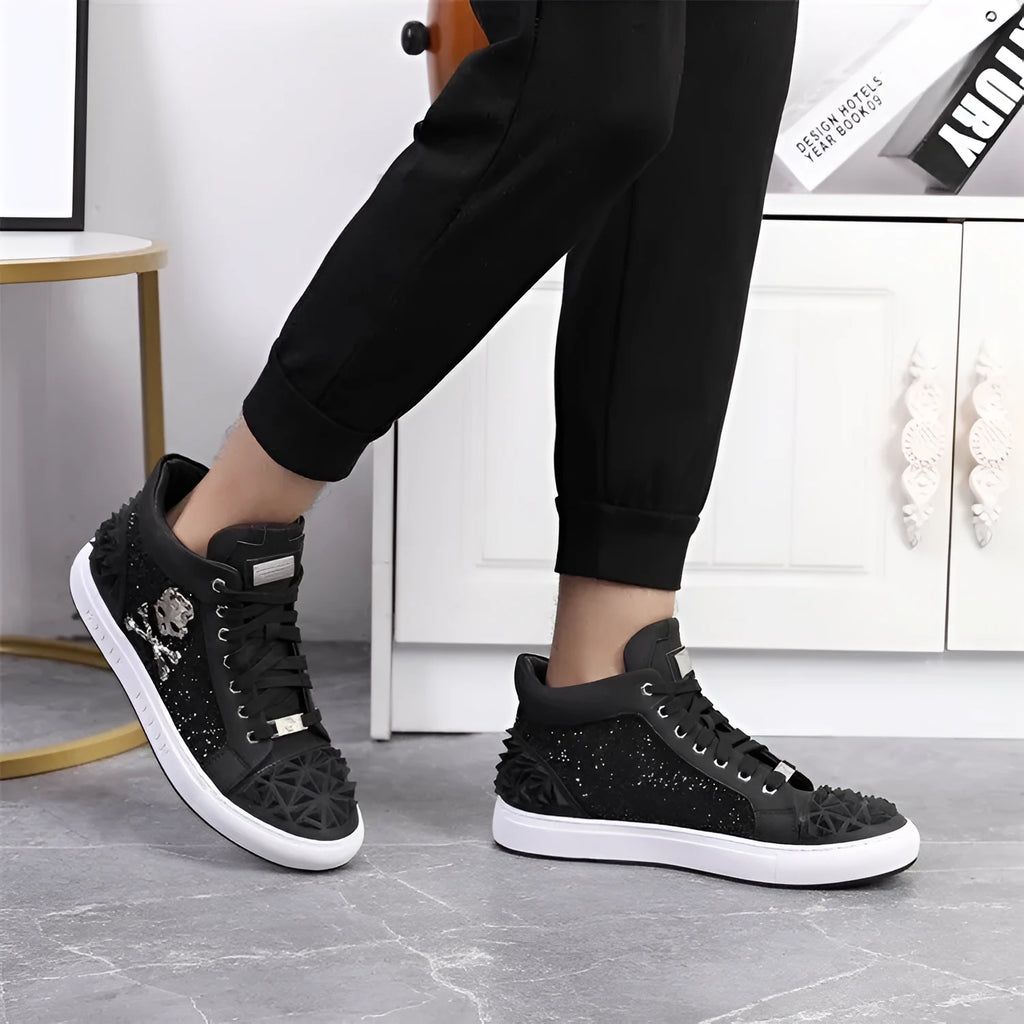 Men's black genuine leather high top skeleton shoes with lace-up closure and rubber soles