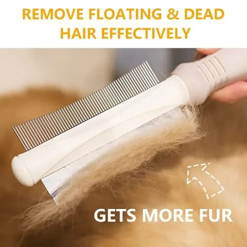 White double-sided dog cat deshedding brush with grooming comb and ergonomic handle.