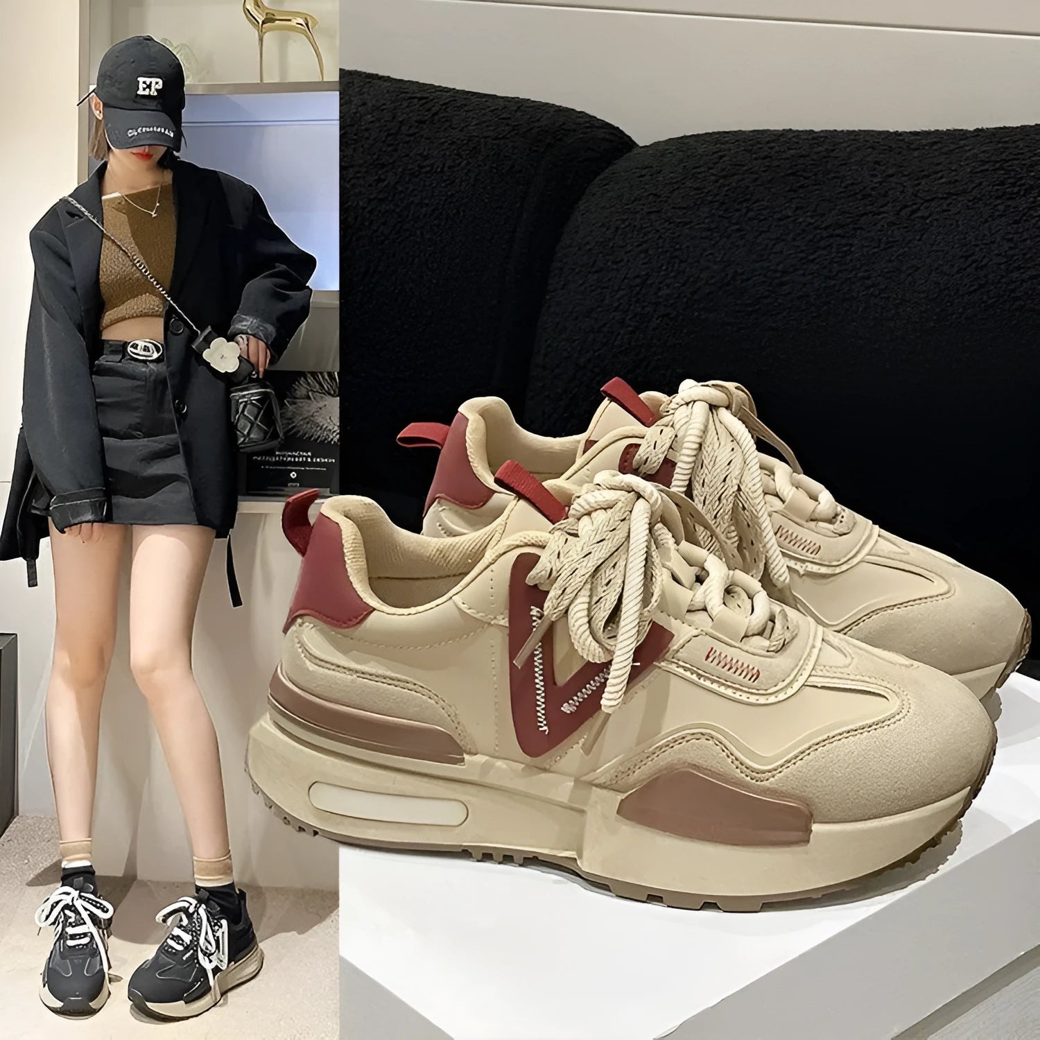 Retro platform sports shoes in black with round toe and front lace-up design