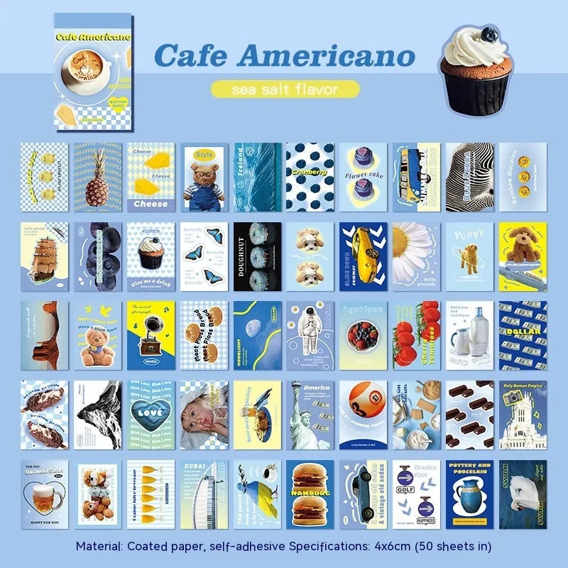 American retro cartoon sticker book showing six colour variations of 4x6cm adhesive sheets