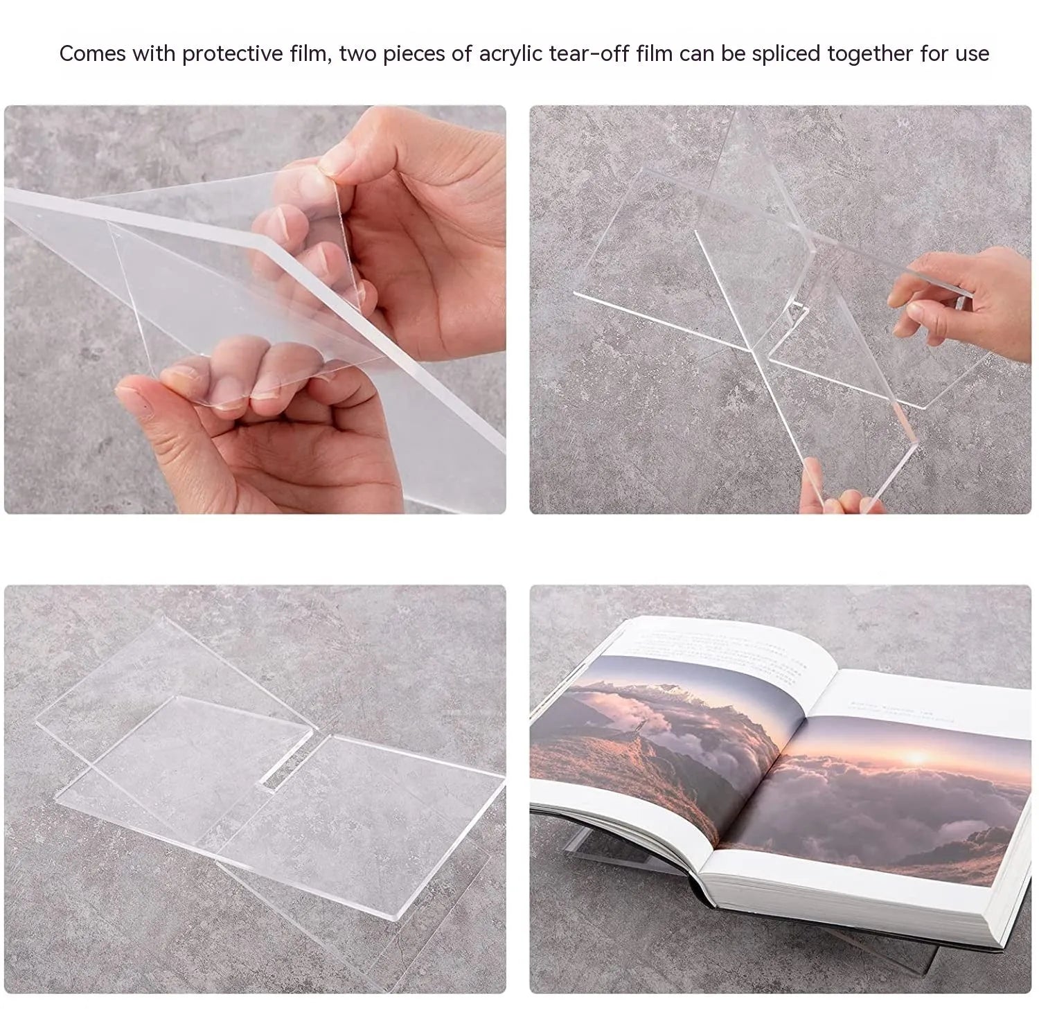 Clear acrylic X-shaped book reading rack holding books and magazines on a desktop