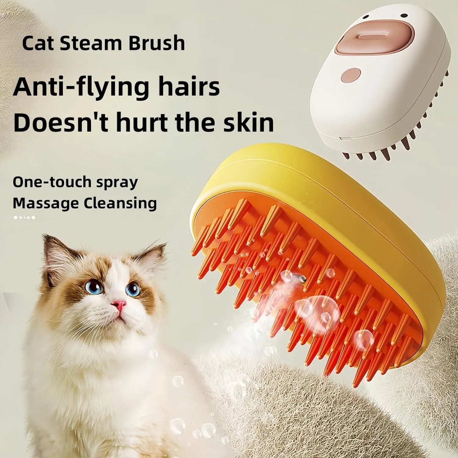 White or yellow rechargeable steam pet brush with water tank for dog and cat grooming