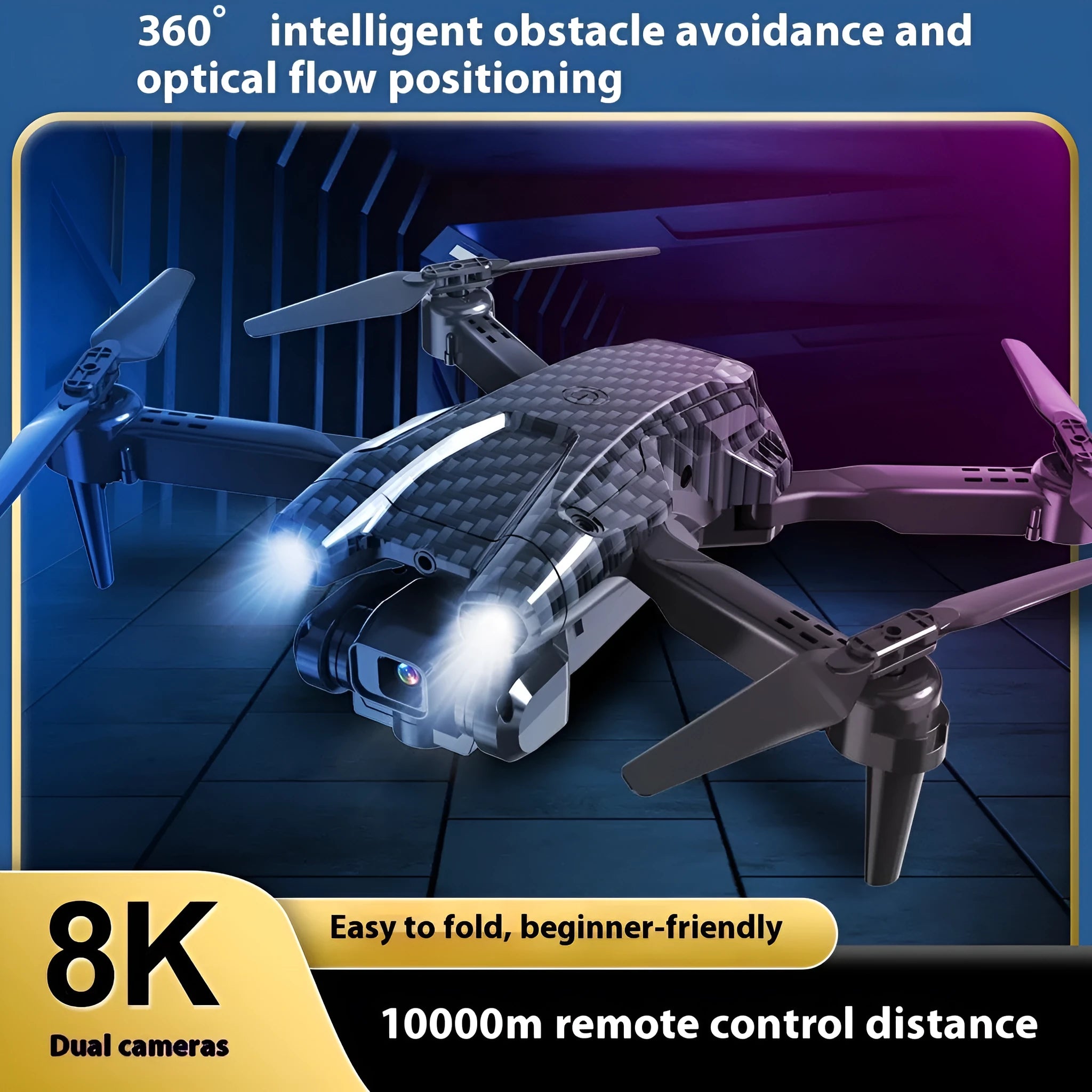 S138 black folding drone with carbon fibre appearance, showcasing folded arms and dual cameras for obstacle avoidance aerial photography.