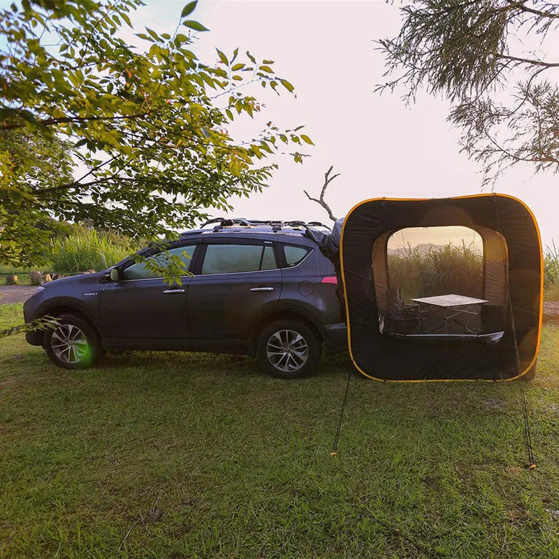 Black pop-up car tail tent with quick-throw design and steel jackstays showing 200cm cube dimensions