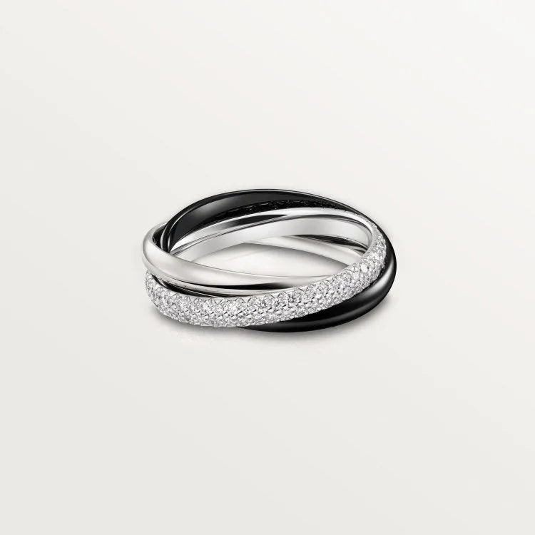 Silver geometric couple ring set with diamond accents on a U-shaped band.