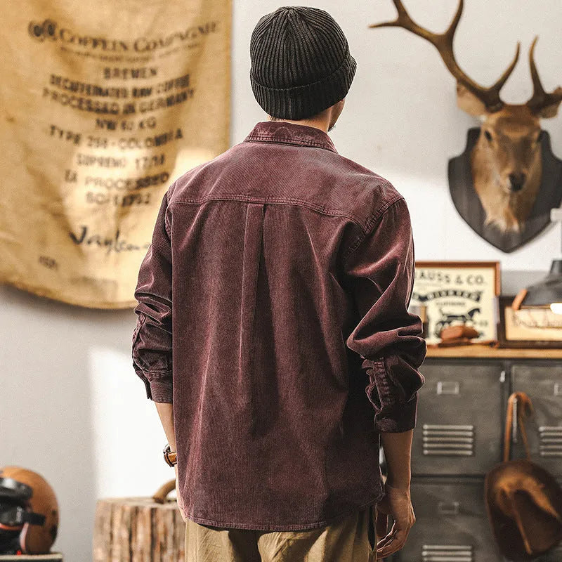 Men's red and black loose-fit corduroy casual shirt jacket with long sleeves