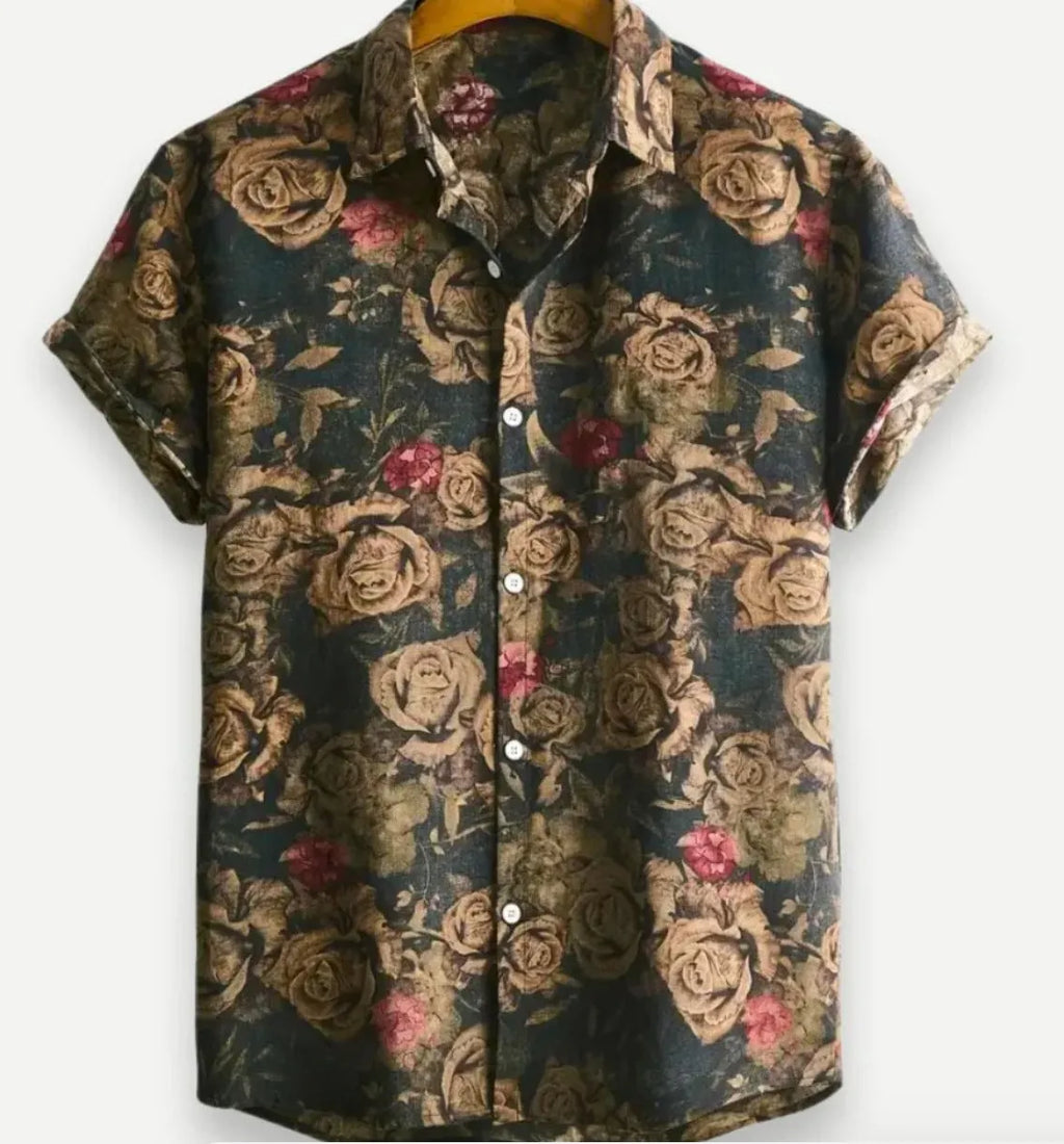 Hawaiian print short sleeve shirt with floral pattern and elastic fabric on a mannequin