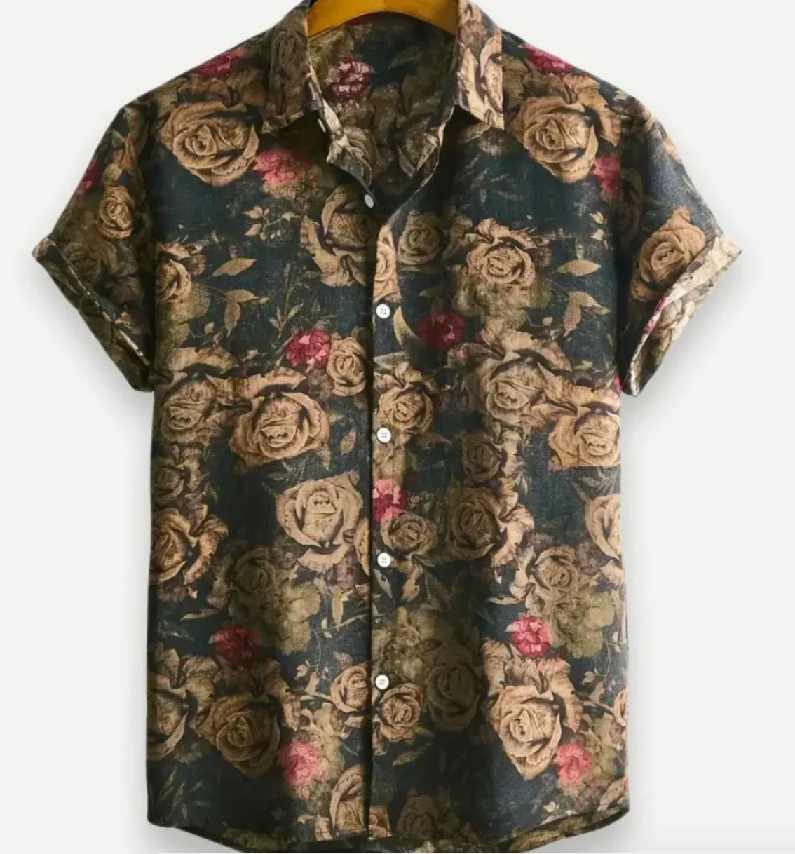 Hawaiian print short sleeve shirt with floral pattern and elastic fabric on a mannequin