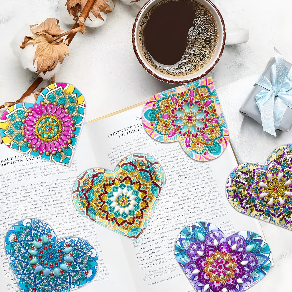Six PU leather bookmarks with crystal flower corner decorations in modern simplicity style