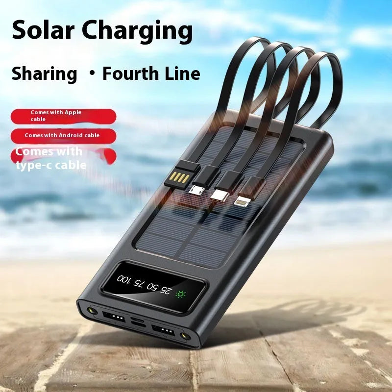 Black and white solar power bank with 20000mAh capacity and charging cable for mobile phones