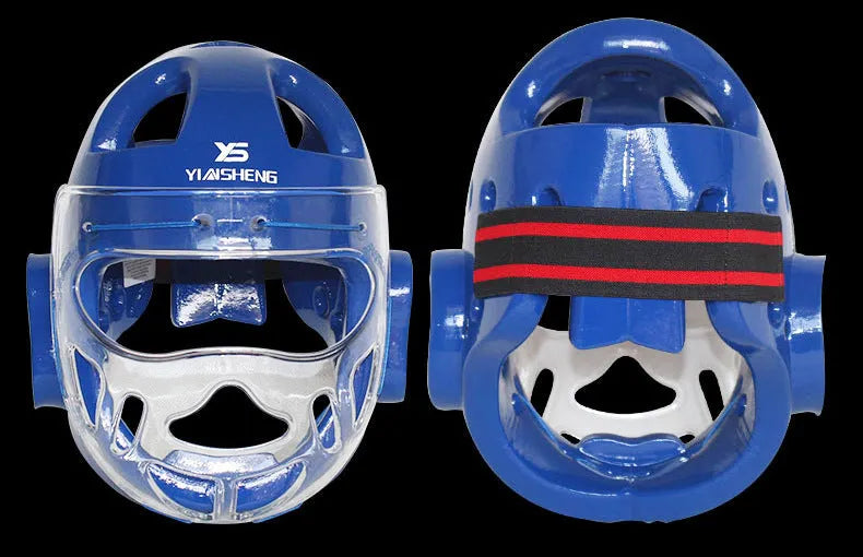 Karate boxing helmet for head protection available in blue, red and white colours with size options