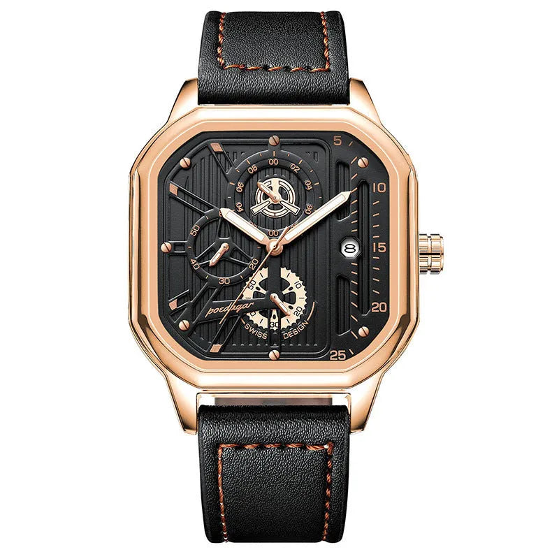 Men's quartz watch with belt-style bracelet, 8mm thickness, black gold silver shell options