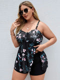 Women's floral print one-piece swimsuit in split colours, showing front design.