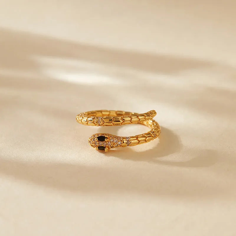 Adjustable copper snake ring with 18K gold colour plating and diamond treatment surface
