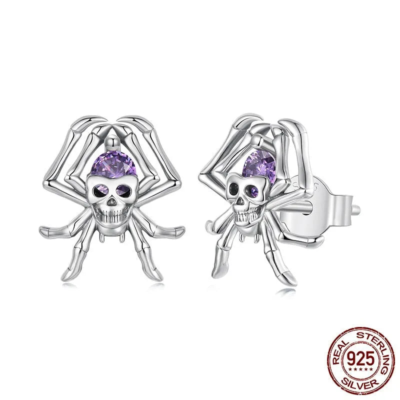 Halloween skull spider stud earrings in S925 sterling silver with zircon inlay, SCE1964 colour, pair of earrings