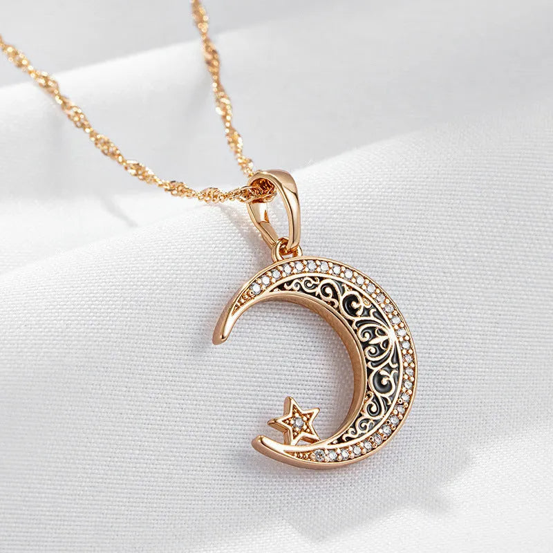 Rose gold star moon necklace with zircon pendant on water wave chain