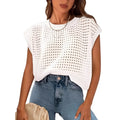 White women's loose-fit pullover sweater with crochet detailing on the sleeves