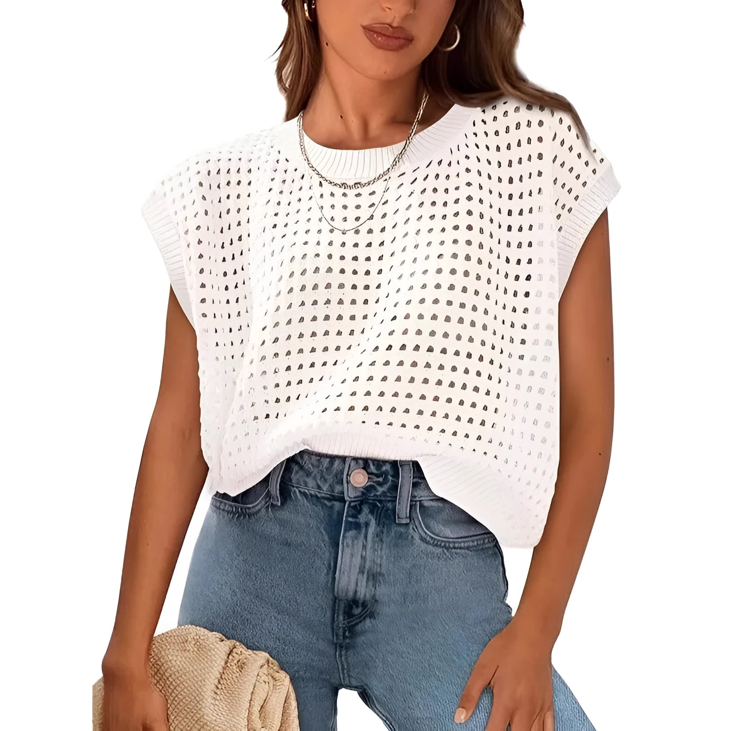 White women's loose-fit pullover sweater with crochet detailing on the sleeves