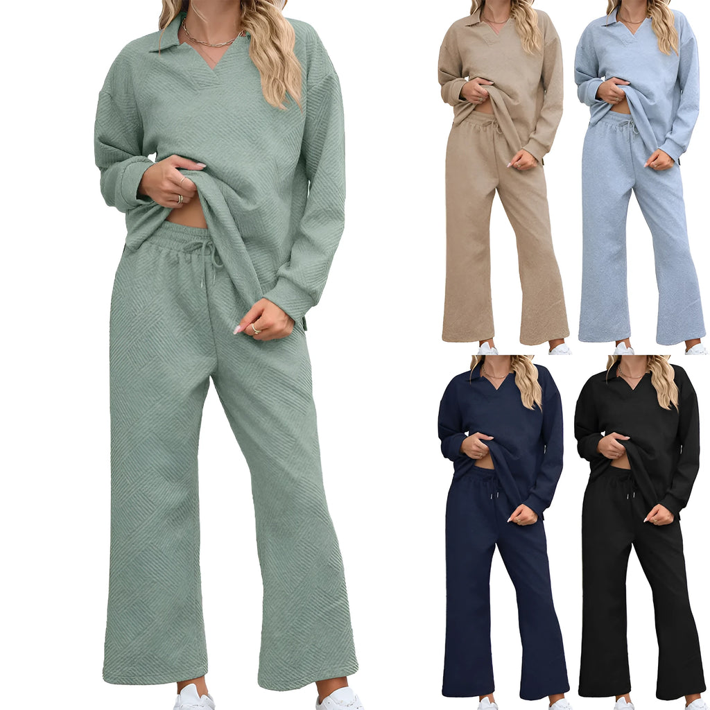 Women's solid colour geometric pattern knit suit with lapel sweater and elastic waist cropped trousers