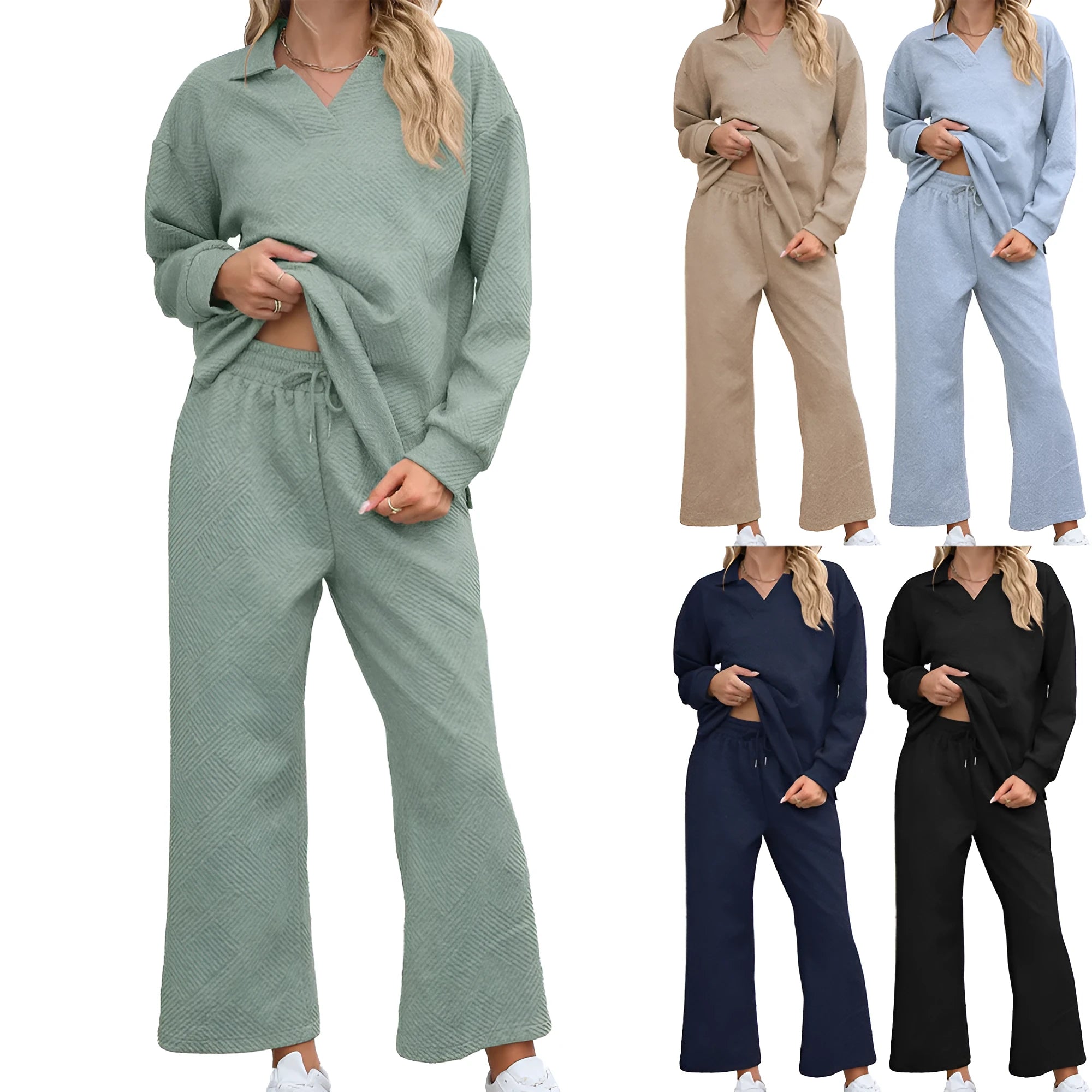 Women's solid colour geometric pattern knit suit with lapel sweater and elastic waist cropped trousers