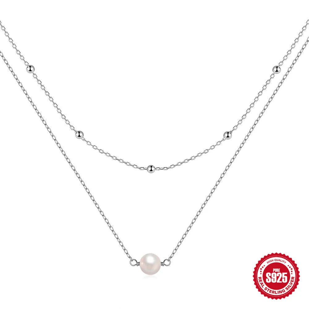 S925 sterling silver double layer necklace with twin pearl elements on ball bead chain