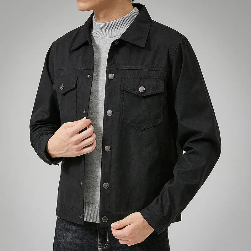 Men's casual brushed suede slim fit jacket in khaki, with shirt sleeves and topstitching slit pockets