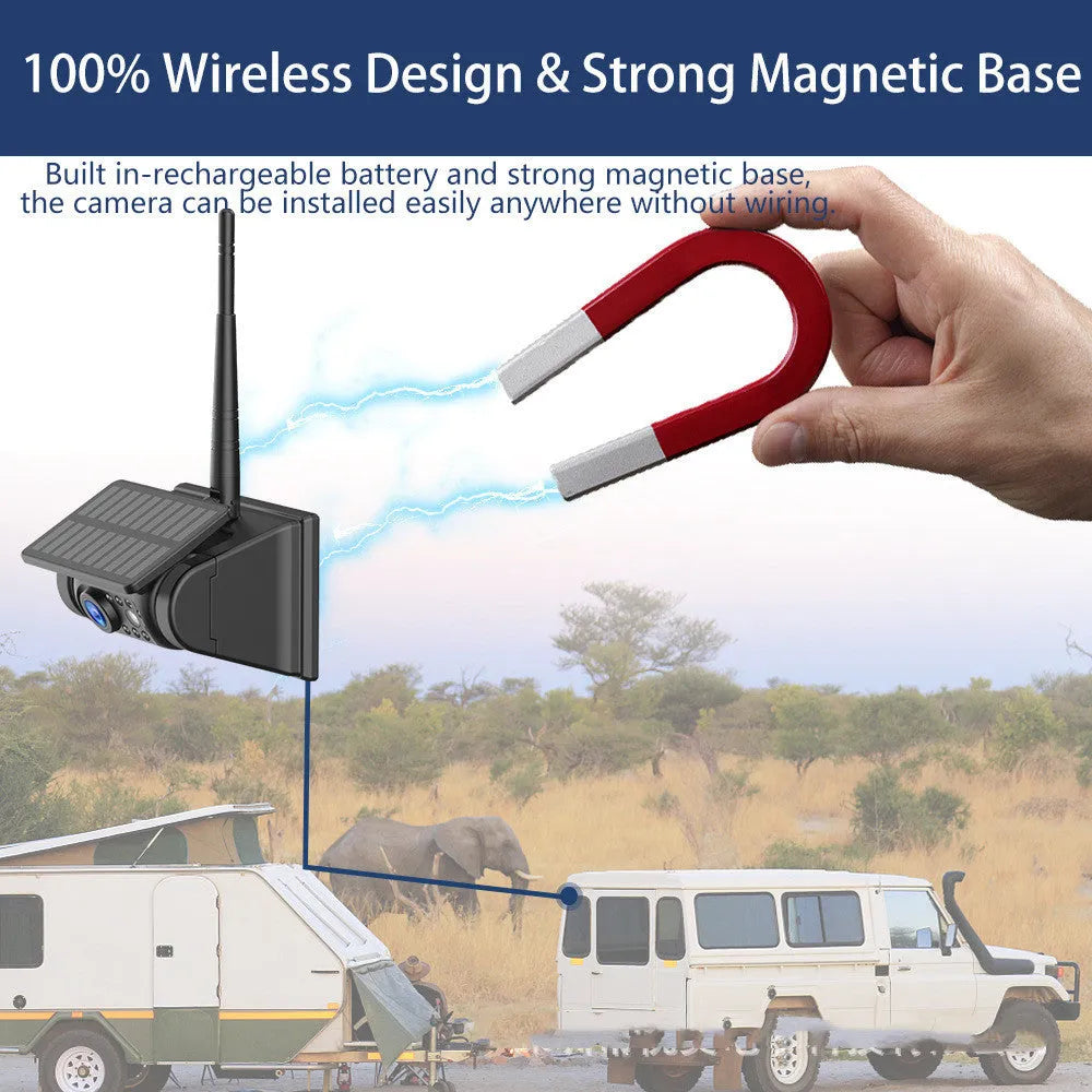 YL-Solar WF908 solar-powered wireless reversing camera with magnet mount on black aluminium alloy shell.