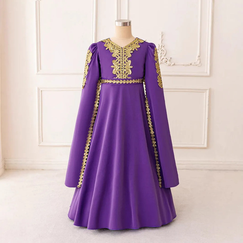 Long-sleeved purple puffy chiffon ribbon princess dress with cotton lining