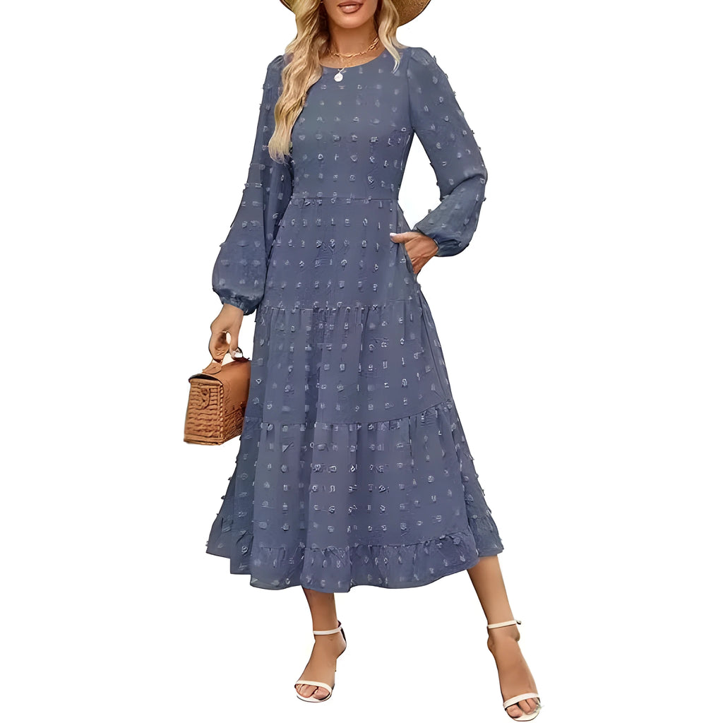 Beige women's casual dress with long ruffled sleeves, a round neck, and a high waist.