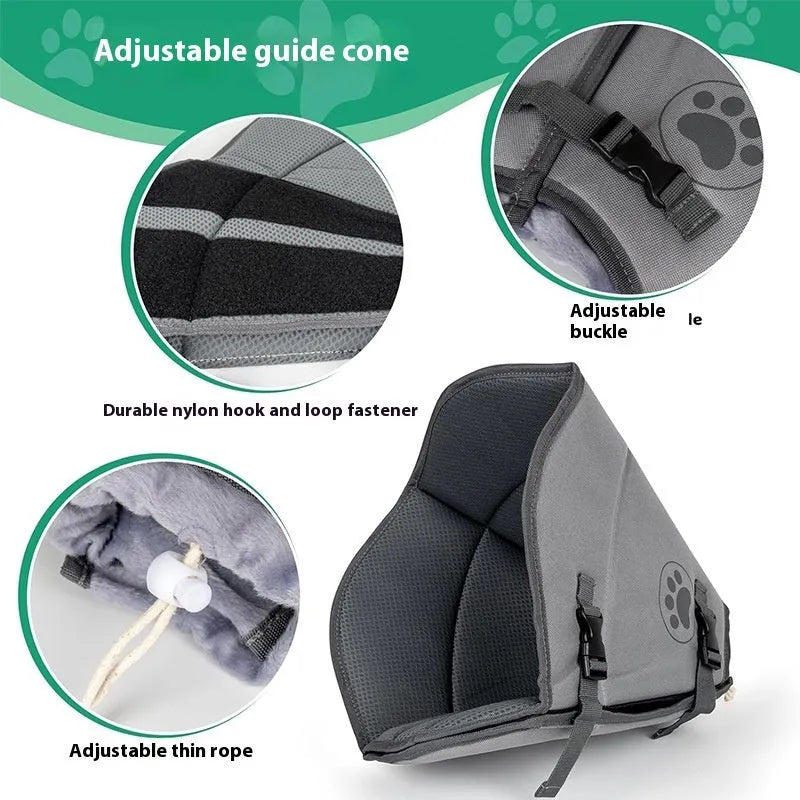 A grey adjustable polyester ring collar for pet sterilisation, shown in single and double layer styles.