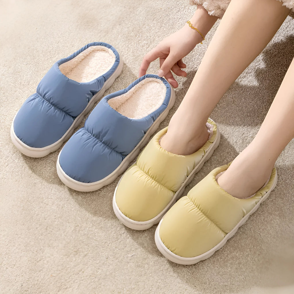 Down cotton slippers with artificial leather upper and thick rubber soles in multiple colour options