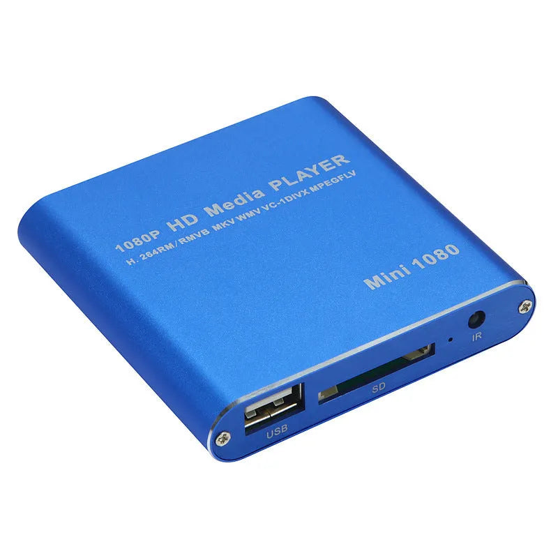 Compact blue 1080p Full HD media player with remote control on a black background.