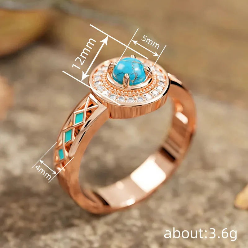 Women's turquoise ethnic geometric ring with rose gold finish and inlaid zircon details