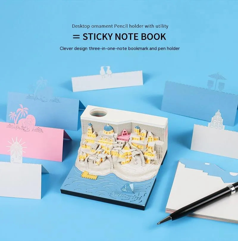 Romantic Santorini 3D notepad paper carving building model showing beach scene cover design