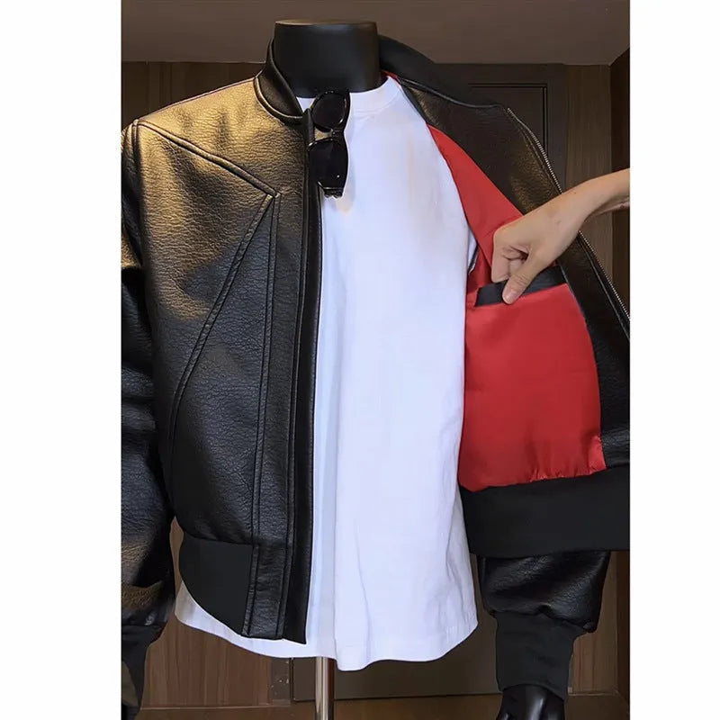 Men's black extended length PU leather jacket with egg white litchi grain texture in slim fit business style