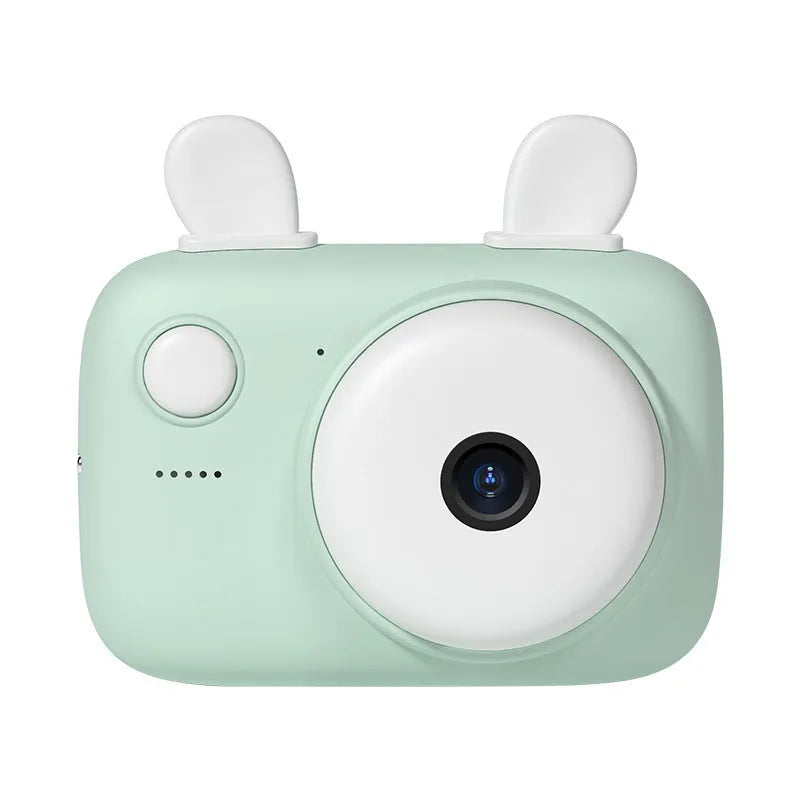 A2 Kids Photo Camera in macaron colours with 2.4-inch screen, dual lenses, and attached lanyard.