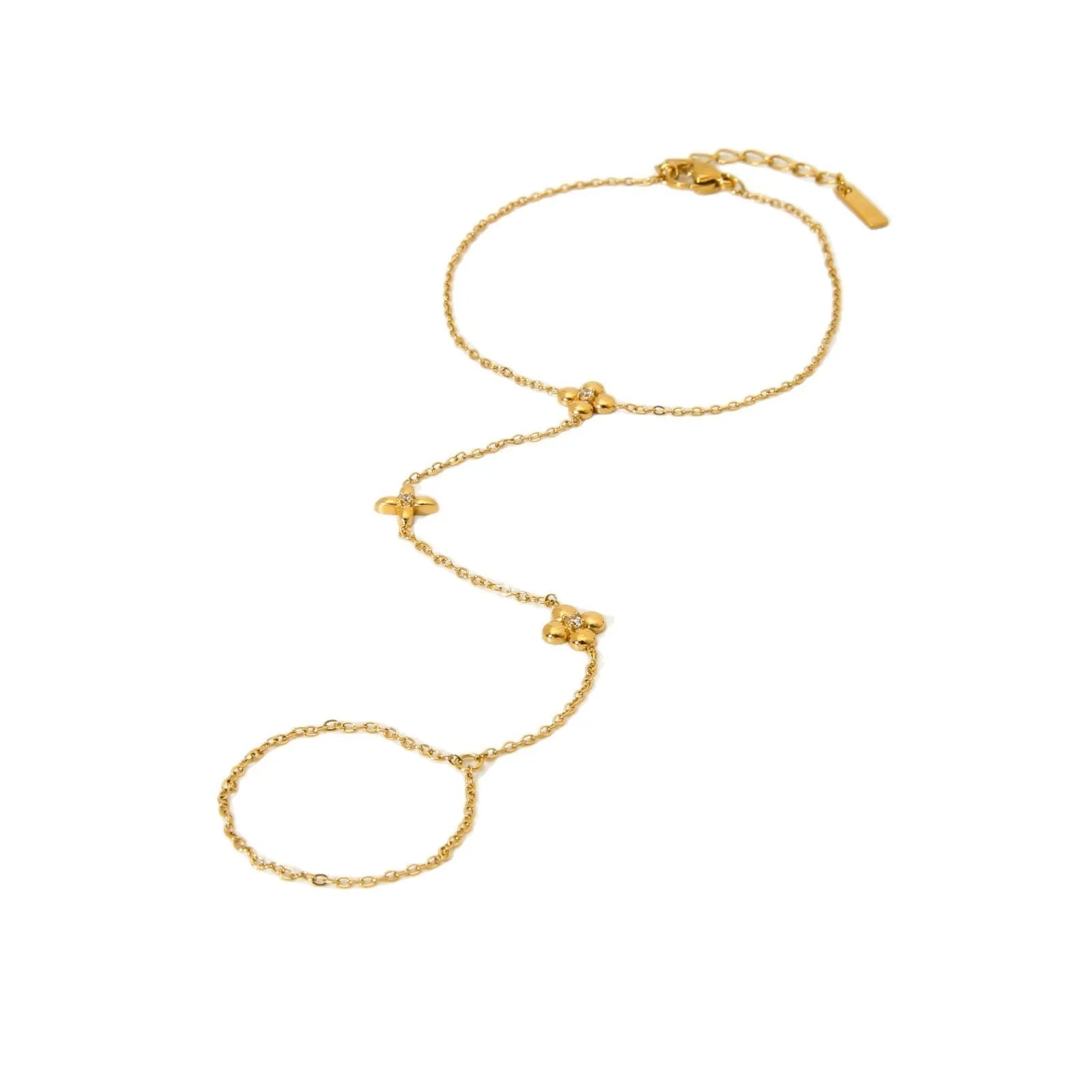 Gold-coloured stainless steel women's bracelet with eight-pointed star shape and floral decorative elements