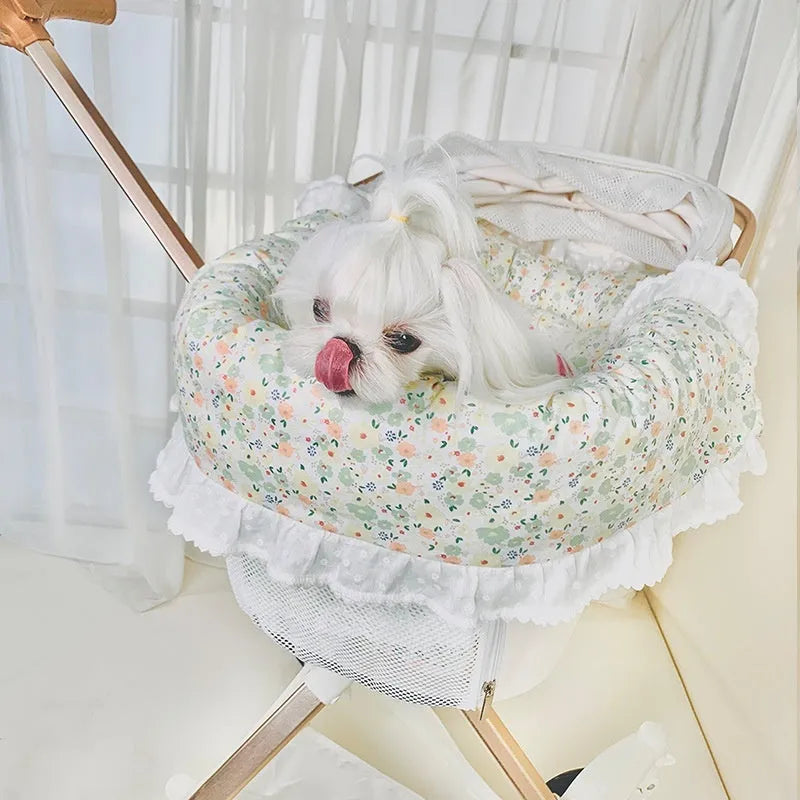 Removable pure cotton pet stroller set showing anti-dirty towel, cushion, and pillow in a floral pattern.