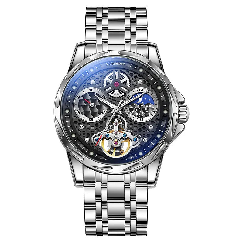 Men's automatic wristwatch with steel case, leather strap, black dial and luminous hands.