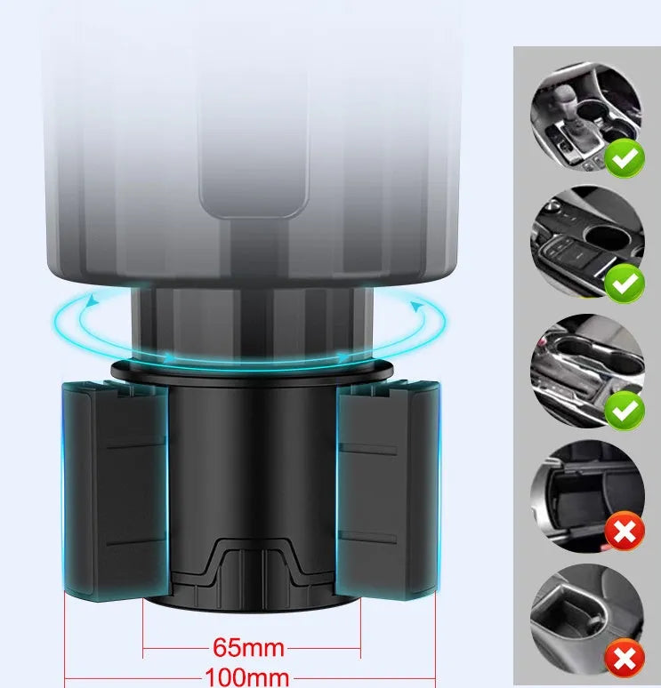 Matte black ABS car cup holder expander with adjustable base for large bottles.