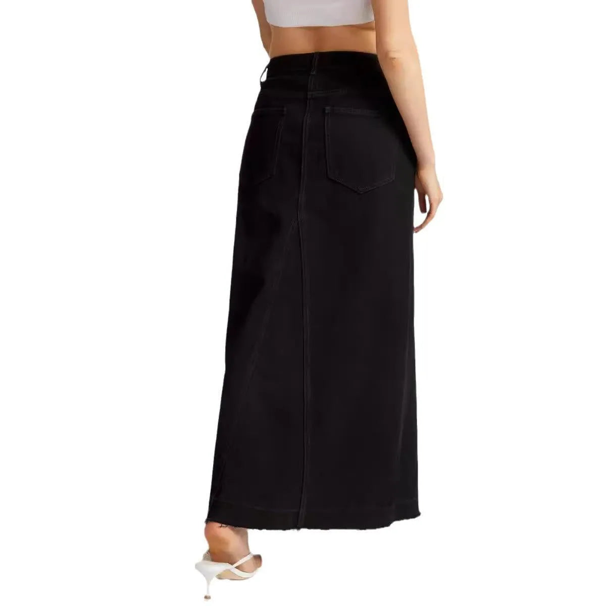 Retro slim-fit denim maxi skirt for women in cotton denim, blue colour, mid-rise waist