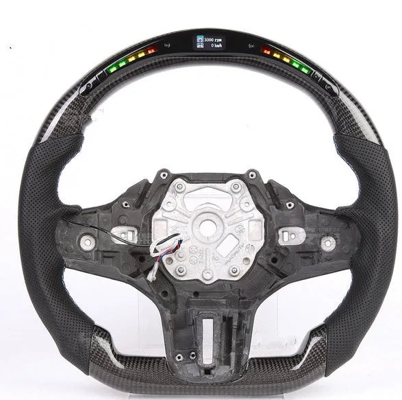 Black carbon fibre BMW steering wheel with LED elements and paddle shifters