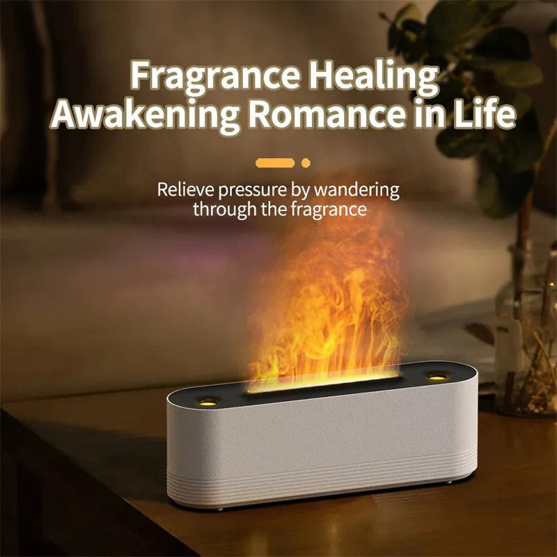 Black and white ultrasonic flame air humidifier and aroma diffuser with LED lights on a table.