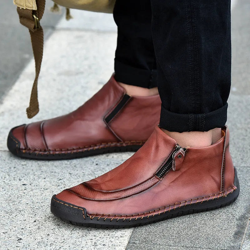 Men's high top lazy driving shoes in black with slip-on design, round toe, and rubber sole