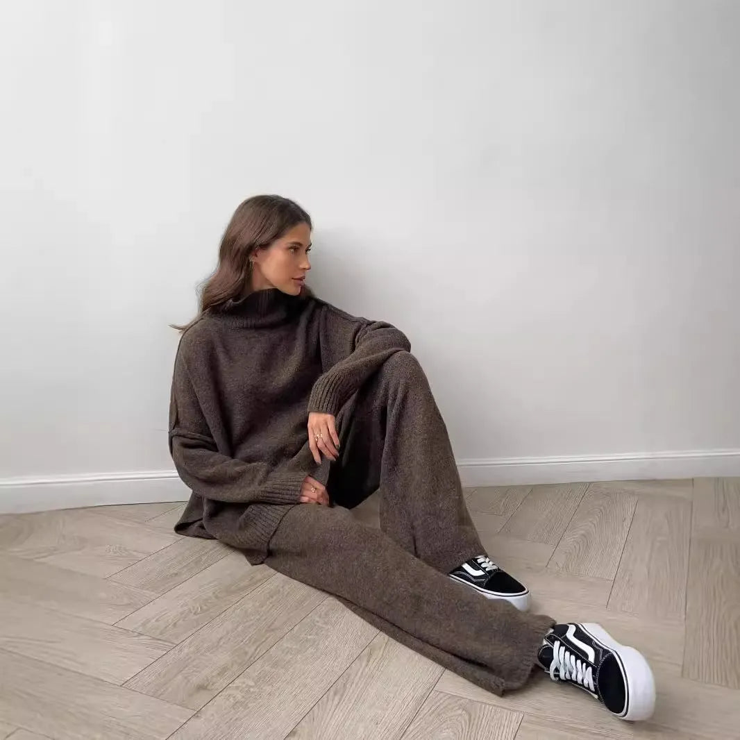 Women's acrylic suit set with side-slit sweater and matching trousers in solid colour