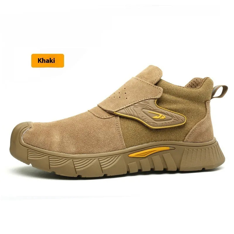 High-top grey steel toe cap industrial work shoes for welding and construction safety.
