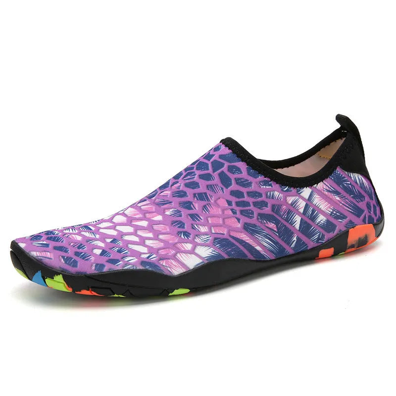 Blue beach wading shoes with Lycra fabric upper and EVA sole for swimming and water activities