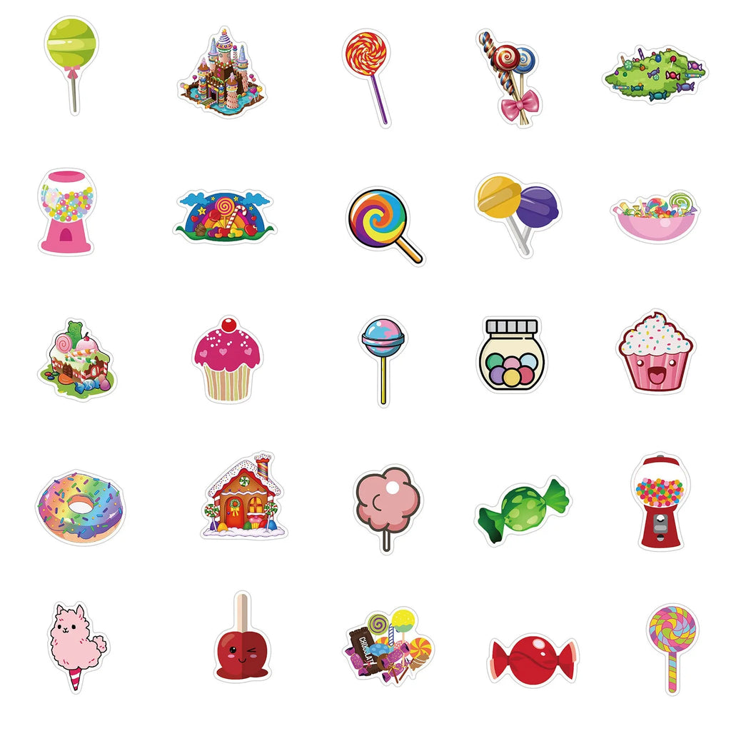 Colourful candy graffiti sticker sheets with cartoon designs measuring 4-6cm