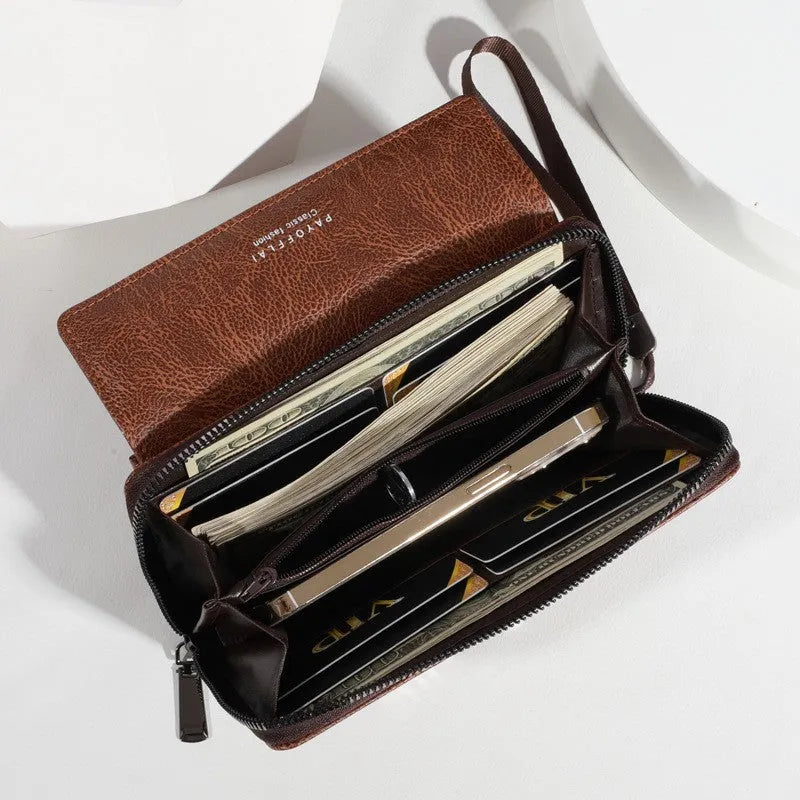 Men's black PU leather wallet with multiple card slots showing 19 cm length