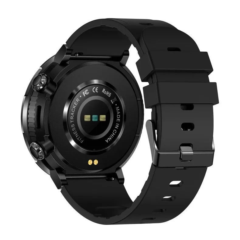 T30 smart watch with black silicone strap showing 52mm touch screen displaying heart rate and call interface